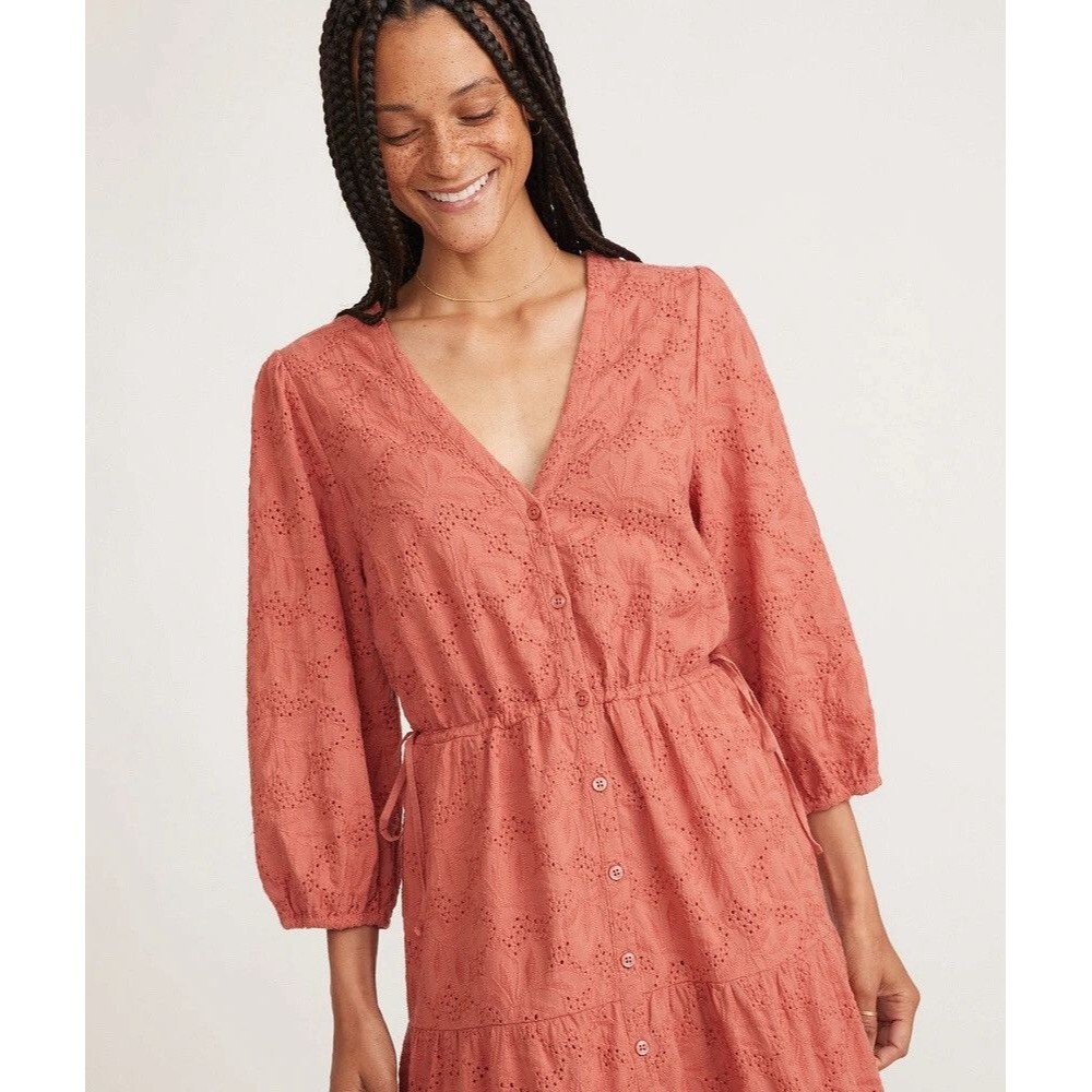 NWT Marine Layer Midi Dress MEDIUM Willow Eyelet Embroidered Tiered Button Up